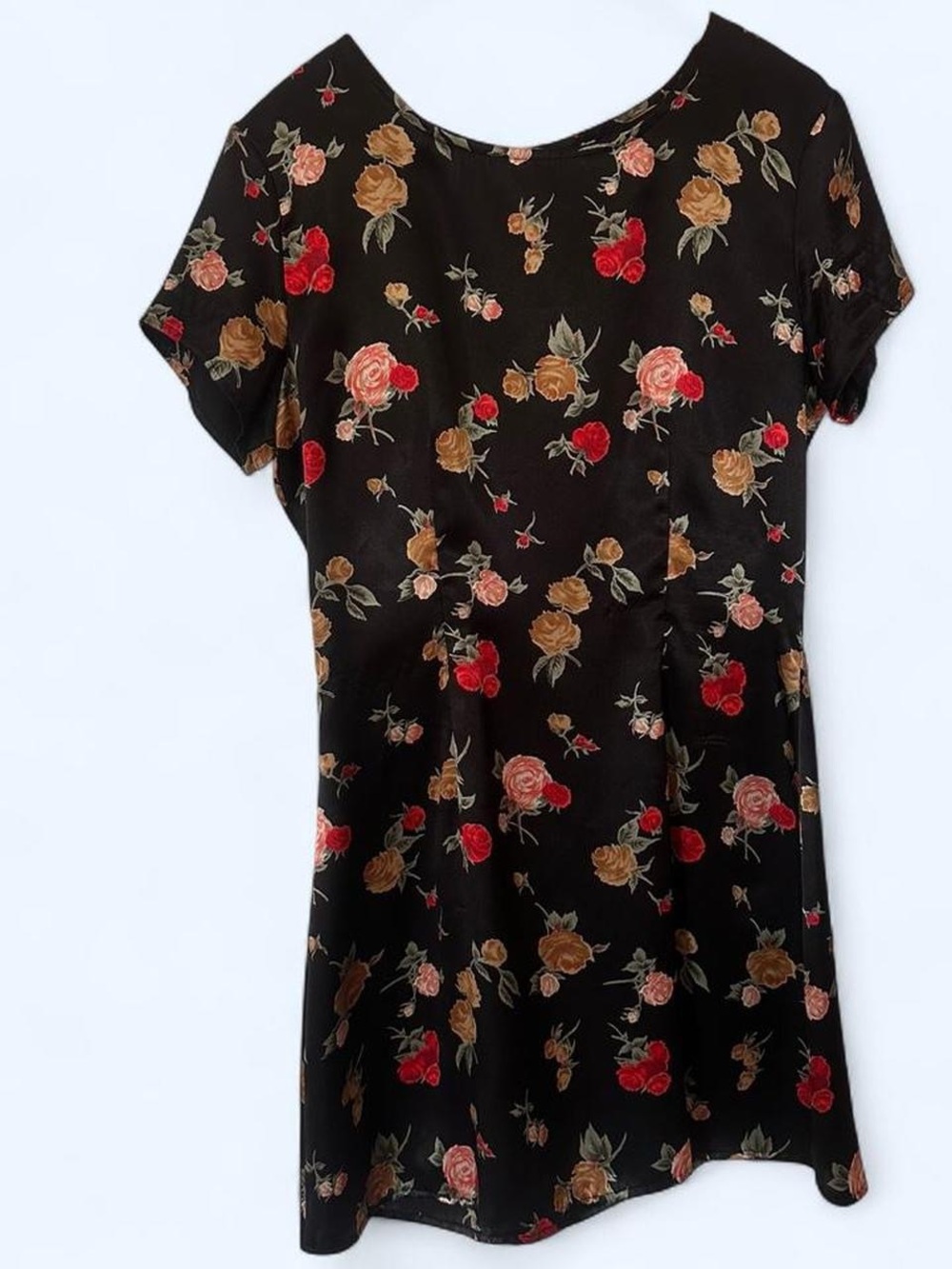 Floral Short-Sleeve Black Dress with Red and Tan Roses